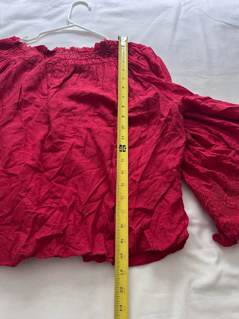 Free People Berry Red Boho Blouse Smocked Neck Embroidered Eyelet Long Sleeve S